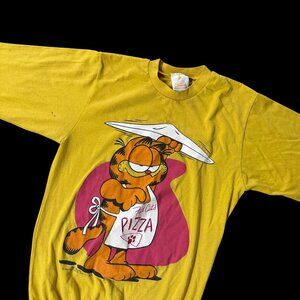 Vintage Garfield Fat Cats Pizza Yellow Long Sleeve Sweatshirt Med USA 80s READ